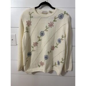 Alfred Dunner Sweater Womens 2X Ivory Floral Embroidered Pullover Knit Acrylic